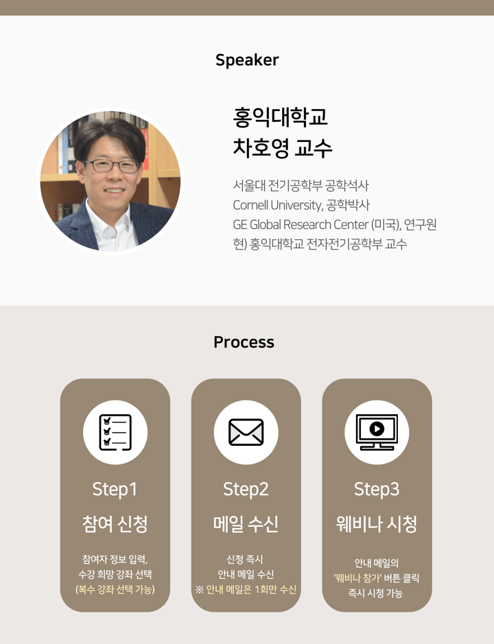 Speaker 홍익대학교 차호영 교수 서울대 전기공학부 공학석사 Cornell University, 공학박사 GE Global Research Center (미국), 연구원 현) 홍익대학교 전자전기공학부 교수 참여자 정보 입력, 수강 희망 강좌 선택 (복수 강좌 선택 가능) Step2 메일 수신 신청 즉시  안내 메일 수신 ※ 안내 메일은 1회만 수신 Step3 웨비나 시청 안내 메일의 '웨비나 참가' 버튼 클릭 즉시 시청 가능 