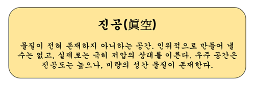 진공 : 물질이 전혀 존재하지 아니하는 공간